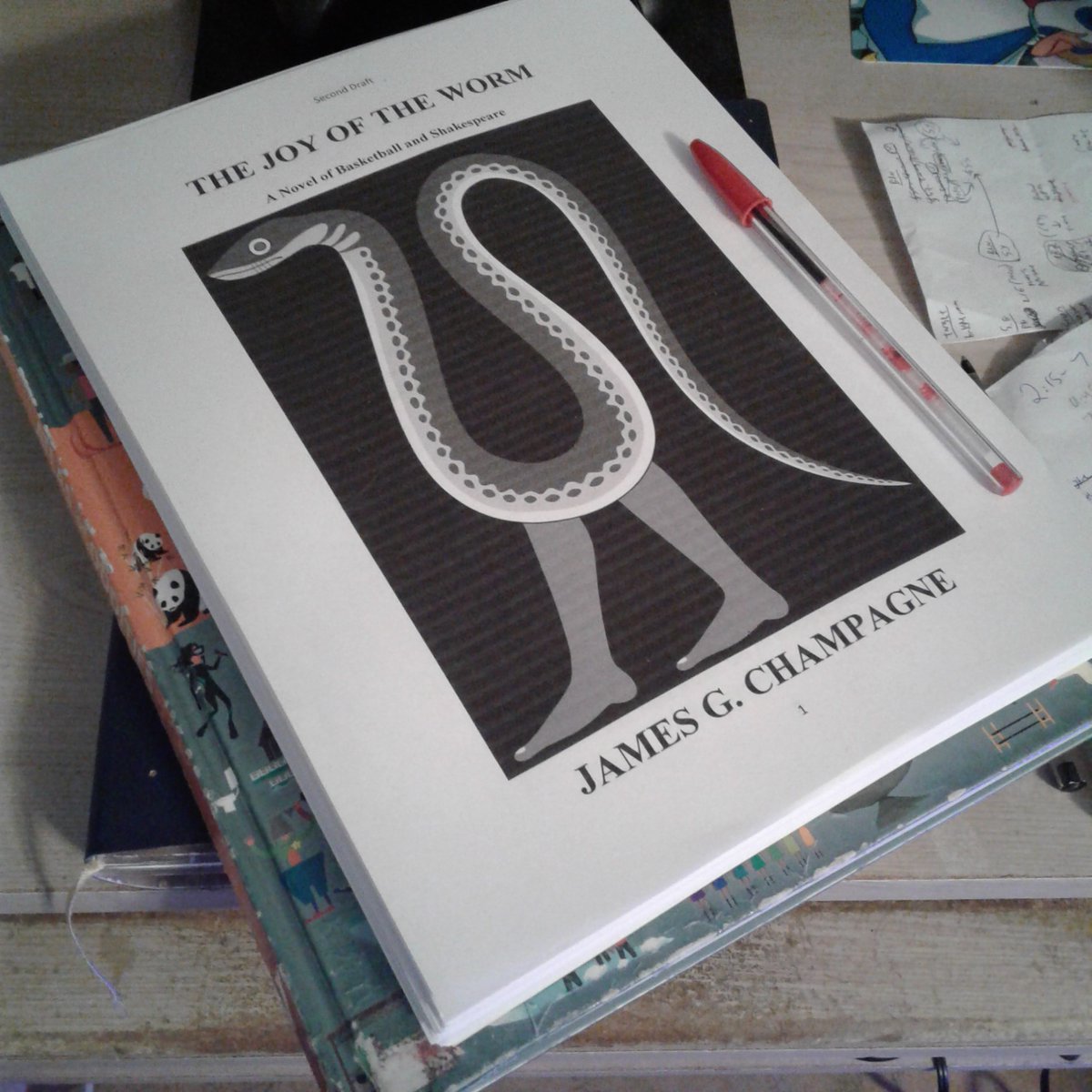 JamesGChampagne's tweet photo. Last month I finished the second draft of THE JOY OF THE WORM. That's where I went and added a lot of the little details I had neglected to include while writing the first draft, along with running it through spellcheck, scanning it for word/phrase repetitions, adding some weird words (sparingly, in this case), and so on. Finally, the time has come to print it up and actually read the thing from first page to last (I usually don't bother to read the first draft tbh). That's always an interesting experience, if a tad daunting at first: "I hope this doesn't suck!" But all the same I like going through it with the red pen and making changes/corrections/cuts/additions and so forth.

Anyway, today marks the one year anniversary that I started writing the first draft, so I thought it would also be the ideal date to start reading the second draft. My plan is to do a chapter a night, then do the corrections the following day: by doing this, I can read and edit the whole thing in two weeks. The corrected draft will then become the third draft, which is also usually the draft that I use when submitting to publishers and what not.