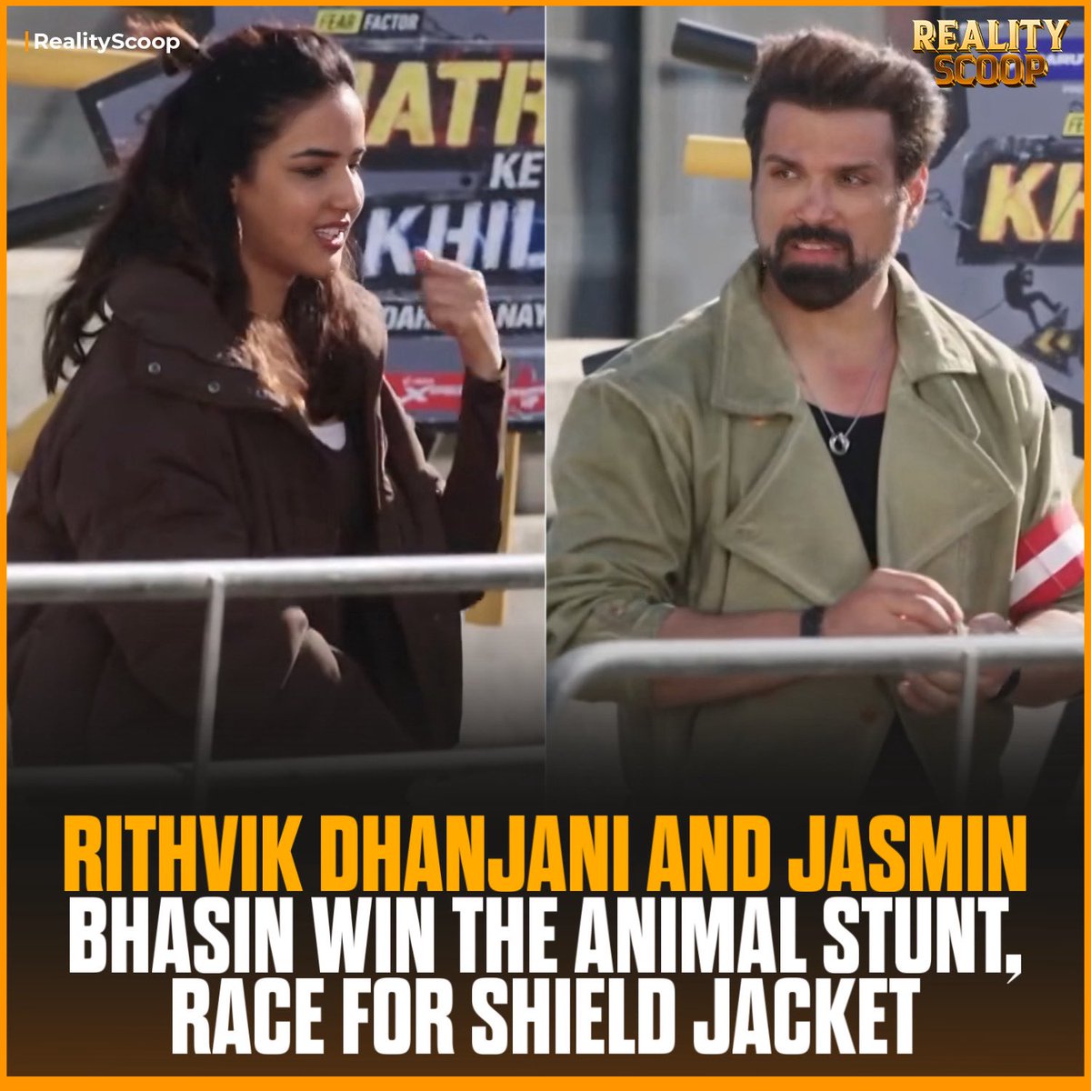 reality_scoop_'s tweet photo. Rithvik Dhanjani and Jasmin Bhasin conquer the terrifying animal stunt and secure their spot in the race for the Shield Jacket!

#RithvikDhanjani #JasminBhasin #KKK15 #ShieldJacket #RealityScoop https://t.co/hF7TcqLP3l