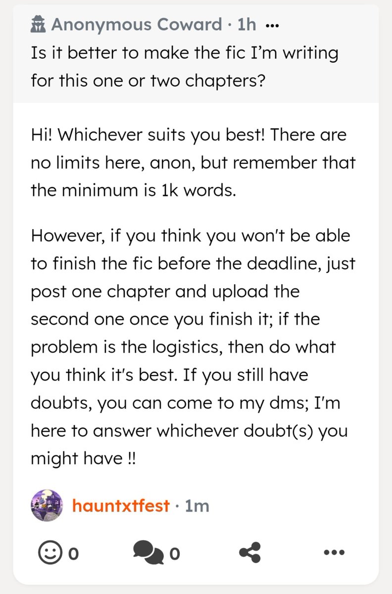 hauntxtfest's tweet photo. Is it better to make the fic I’m writing for this one or two chapters? — Hi! Whichever suits you best! There are no limits here, anon, but remember that the minimum is 1k words.
However, if you thi… https://t.co/bxRCQzpCd5 https://t.co/PGm1GRzlaJ