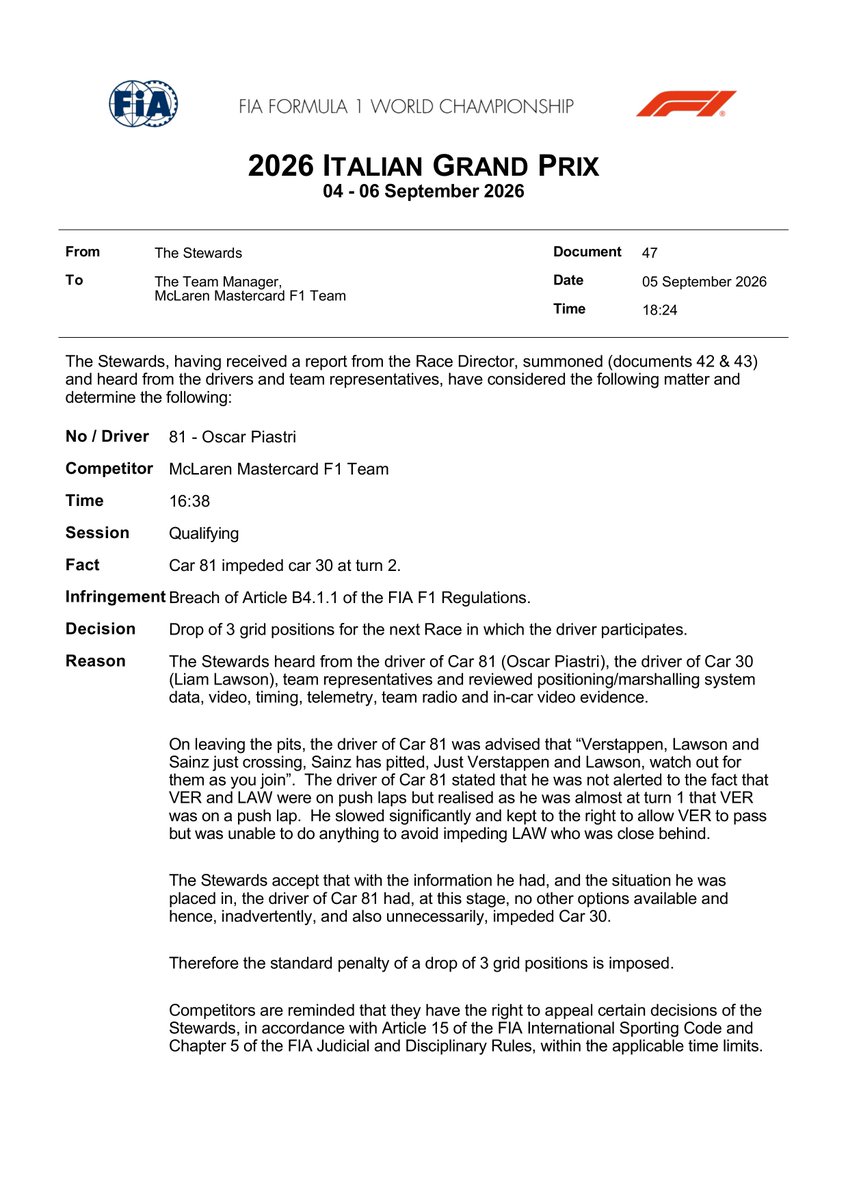fiadocsbot's tweet photo. New document: Doc 47 - Infringement - Car 81 - Impeding of Car 30
Published on 05.09.26 18:27 CET

#F1 #Formula1 #FIA #ItalianGP 🇮🇹 https://t.co/SnOrUdIjIK