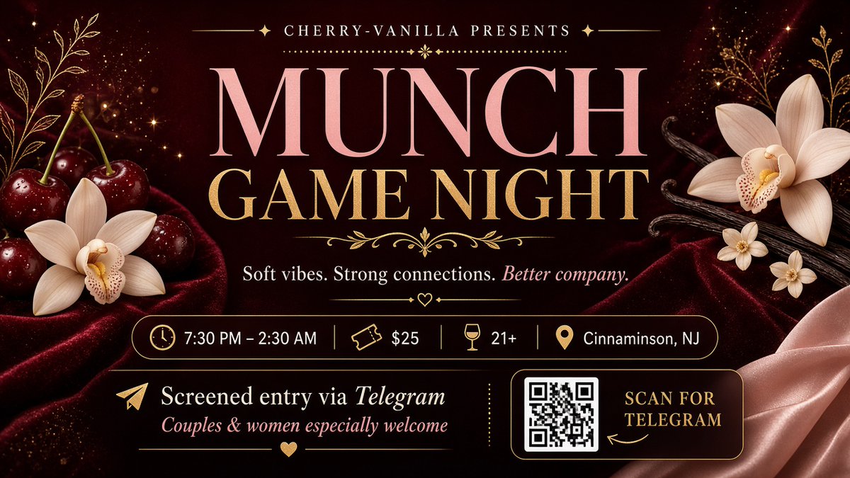 _KingOfHeight66's tweet photo. Philly nights looking soft ✨

Cherry Vanilla presents Munch Game Night in Cinnaminson — games, drinks, real connections. Couples &amp; women especially welcome.

Screened entry via Telegram → https://t.co/ApN1fjm9wU

21+ · $25 · 7:30 PM–2:30 AM https://t.co/XWWqLoBhdu