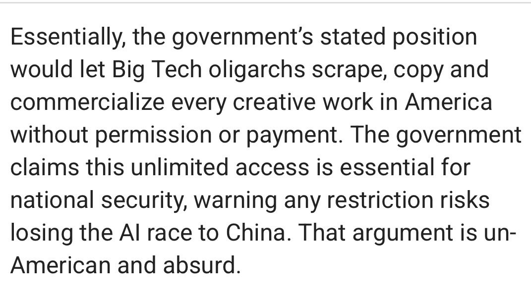 jason_kint's tweet photo. Pivotal week in Big AI’s work to undermine centuries of copyright law by getting Trump’s team and DOJ to put its thumb on the scale for them. 
Conservative legal mind and activist Mike Davis has now weighed in (rightly) calling DOJ’s position “un-
American and absurd.” 1/2 https://t.co/kXv6TcCjUL