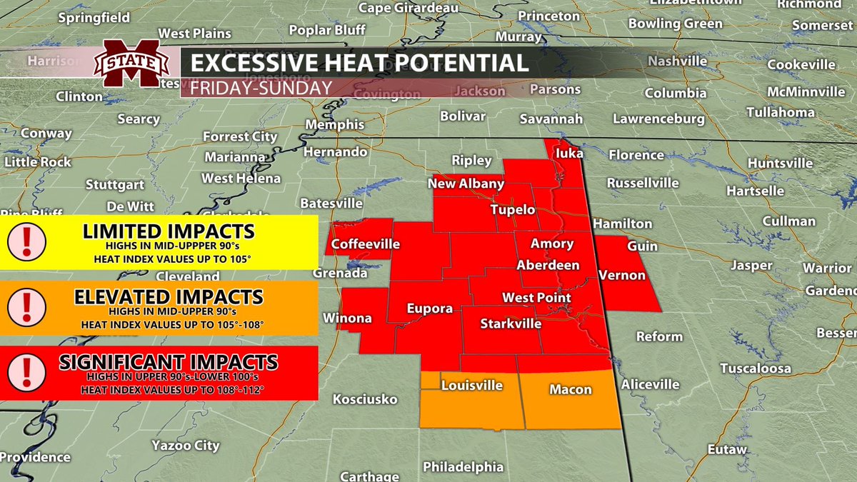 KarsonRhodes_wx's tweet photo. 100°’s likely into the weekend. 
It’s been hot, but this weekend could be extra toasty. Right now, Sunday looks to be our hottest day with highs likely around 99°-103° and heat index values around 108°-112°. Stay hydrated and enjoy your 3-day weekend. #msstate @MSUWeather https://t.co/qTC1poeBtE