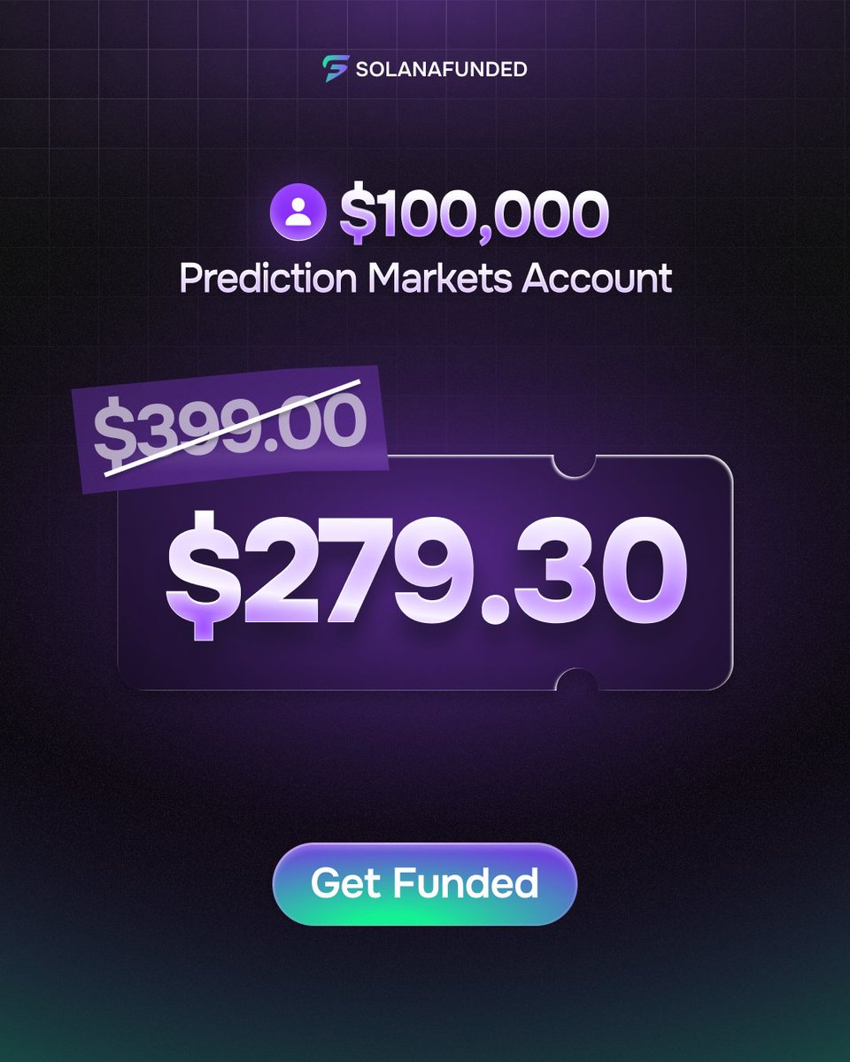 solanafunded's tweet photo. Get funded with up to $150,000 in capital, now starting from just $55.30.

30% OFF all Prediction Markets account sizes.

Make your call → https://t.co/0y4ZceBK3R https://t.co/ZEBqXY3mK1