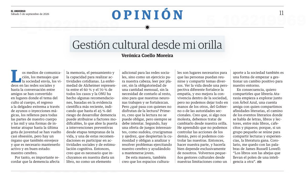 ataraxiaec's tweet photo. Mi columna de hoy en diario @eluniversocom “Gestión cultural desde mi orilla” que comparto con ustedes. https://t.co/Vpu2c01Lyj