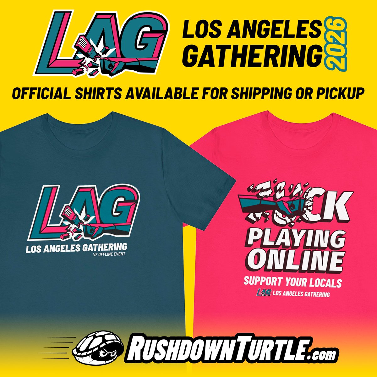 RushdownTurtle's tweet photo. LAG 2026 shirts available now! Visit https://t.co/4Ze8fni5R7 to order yours for shipping. If you'd like to pick up at the event (no shipping cost) DM me for details. Pickup orders close Oct. 7th https://t.co/yJ1MMBuBqQ
