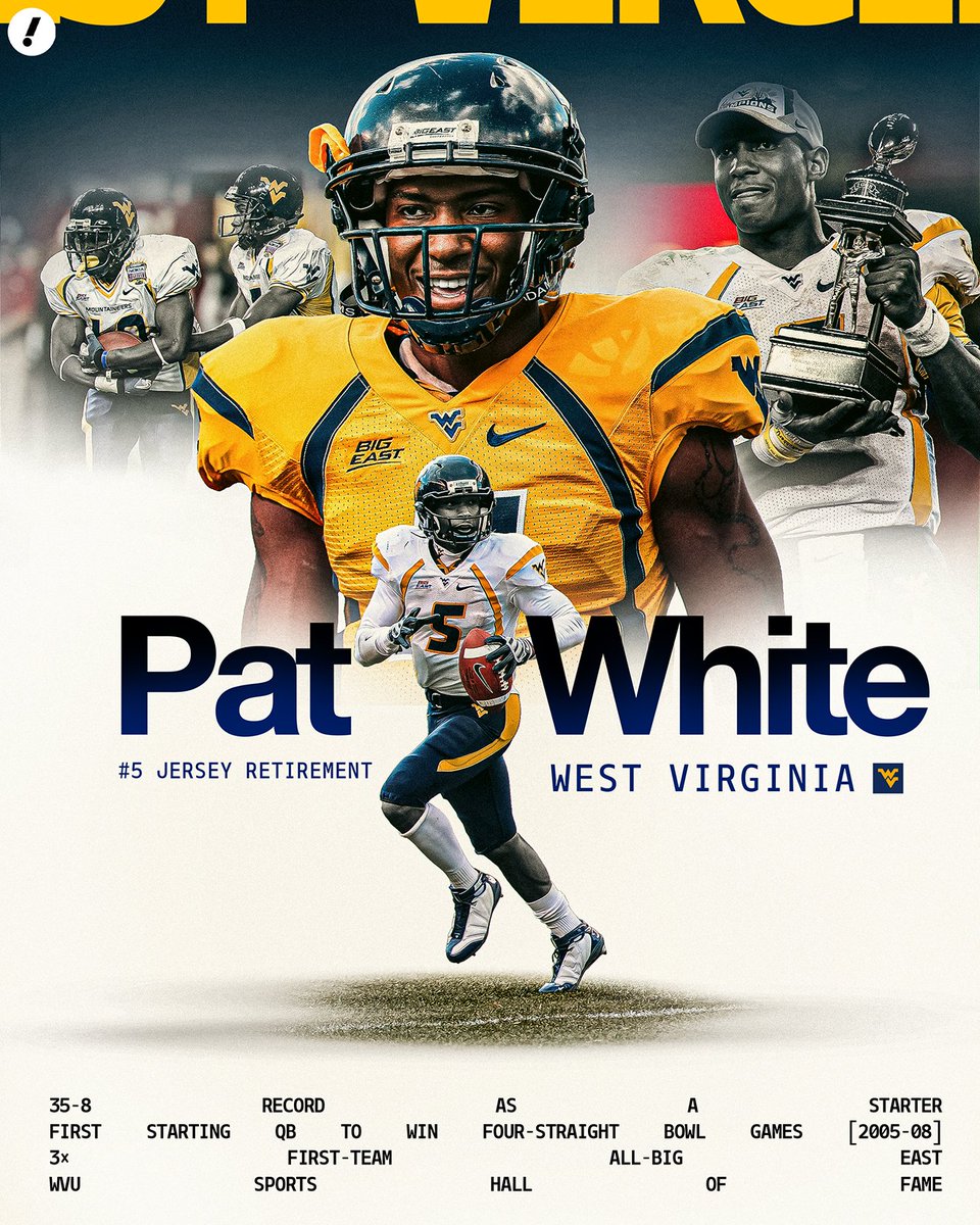 YahooSports's tweet photo. PAT WHITE IS IMMORTALIZED IN MORGANTOWN 👏 

West Virginia officially retired the legendary QB's No. 5 jersey prior to their season opener 🔥 https://t.co/9pqeGUM3ok