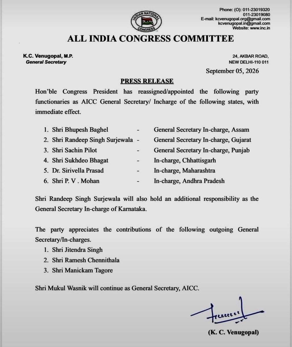 PunamPaswanINC's tweet photo. कांग्रेस अध्यक्ष श्री @kharge  जी द्वारा विभिन्न राज्यों के लिए नवनियुक्त एवं पुनर्नियुक्त AICC महासचिव/प्रभारियों को हार्दिक बधाई एवं शुभकामनाएं।

विश्वास है कि आप सभी अपने अनुभव, समर्पण और नेतृत्व क्षमता से संगठन को नई मजबूती प्रदान करेंगे तथा कांग्रेस की विचारधारा को जन-जन तक पहुंचाने में महत्वपूर्ण भूमिका निभाएंगे।

संगठन की नई जिम्मेदारियों के लिए हार्दिक शुभकामनाएं। 
@SachinPilot @bhupeshbaghel @rssurjewala @sukhdeobhagat @sirivellaprasad @pvmohanINC