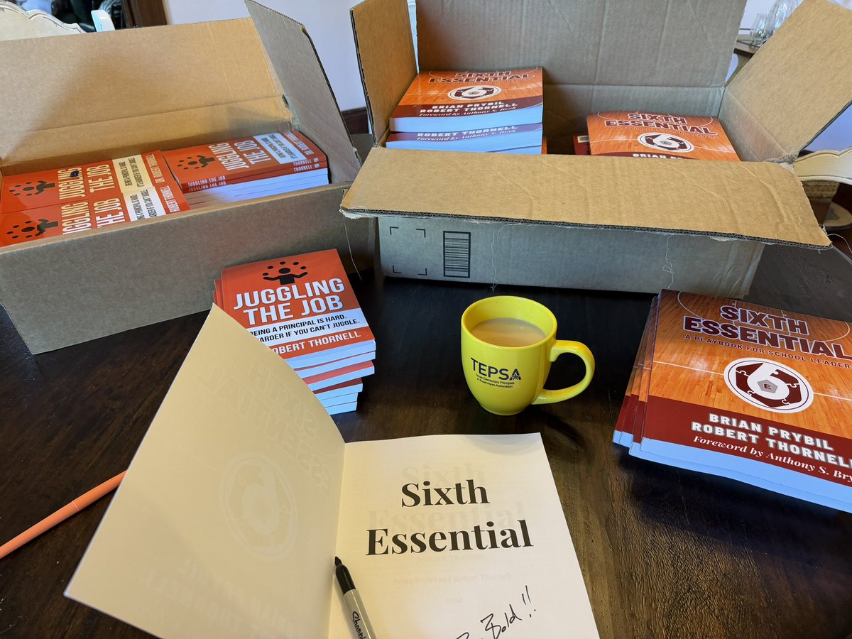 thornell5's tweet photo. Greet Saturday morning: College Gameday, @TEPSAtalk coffee, and signing new shipments of books for school leaders! Blessed and grateful! #bebold @schoolrubric @SixthEssential https://t.co/C8dNZ065Gl