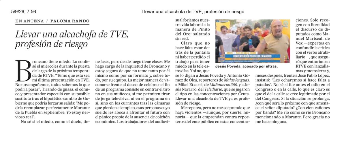 Josepablo_ls's tweet photo. A propósito de las agresiones a los profesionales de RTVE, dice @palomarando hoy en El País que no sabe "si fue antes el odio en el Congreso o en la calle, lo que es claro es que el de la calle se cree legitimado por el del Congreso".

Y añado yo: y por el odio mediático subvencionado. El señalamiento es también un negocio. Se trata de disfrazar de crítica legítima la infamia de exponer a sus propios compañeros para blindar su caja registradora y "hacer méritos" para posicionarse. 

https://t.co/1TaSMM2OYe