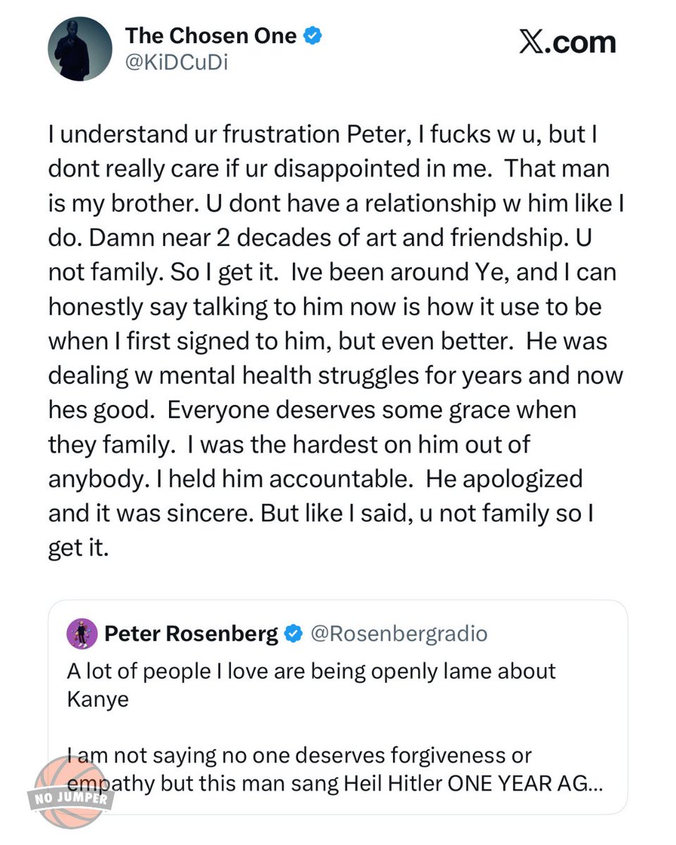 nojumper's tweet photo. Kid Cudi responds to Peter Rosenberg after he said he’s disappointed in many people for reuniting with Ye in Chicago https://t.co/SA8KJHCFVV