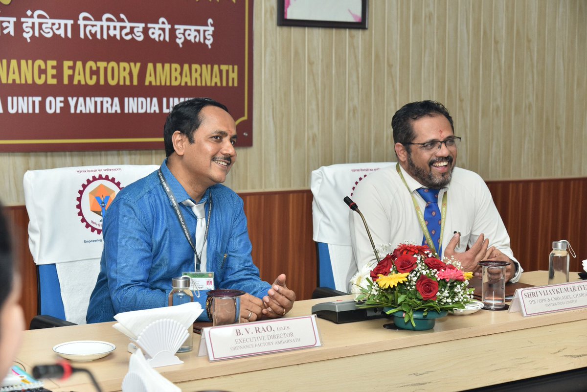 GM_OFA_YIL's tweet photo. Shri Vijaykumar Iyer, Director (Operations) & CMD (Additional Charge), Yantra India Limited, visited Ordnance Factory Ambarnath on September 4, 2026.

He inaugurated the newly renovated 110 kV/6.6 kV North MRS Sub-Station in the presence of Shri B.V. Rao, ED/OFA and reviewed key production sections.

He also interacted with officers and representatives of unions & associations, discussing operational improvements, strengthening capabilities and the way forward for future growth.

#YantraIndiaLimited #OrdnanceFactoryAmbarnath #DefenceProduction #AtmanirbharBharat

@YantraIndiaLtd
@SpokespersonMoD
@DefProdnIndia
@DefPROMumbai
@PIBMumbai