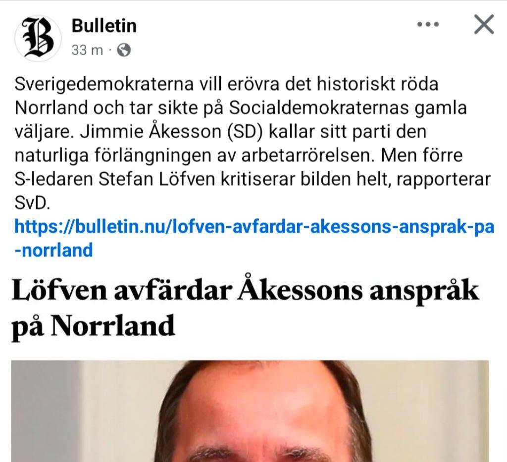 jimmieakesson's tweet photo. Den här killen riskerar bli besviken på valdagen. 

Löfven tycks leva i en bubbla, omgiven av ryggdunkare och ja-sägare. Jag har besökt väldigt många orter i norra Sverige, under valrörelsen och under mandatperioden, och min bild är att väljarna gör en annan analys av läget än Stefan Löfven.

Jag är övertygad om att Sverigedemokraterna kommer att växa, inte minst på Socialdemokraternas bekostnad, i de nordliga länen.

Löfven kan "såga" hur mycket han vill, men som tur är så är det inte han som bestämmer, det är väljarna som gör.

På valdagen får vi se om det är fler, eller färre, som har förstått att SD är den naturliga förlängningen av arbetarrörelsen. 

Jag tror att Löfven riskerar att blir besviken.