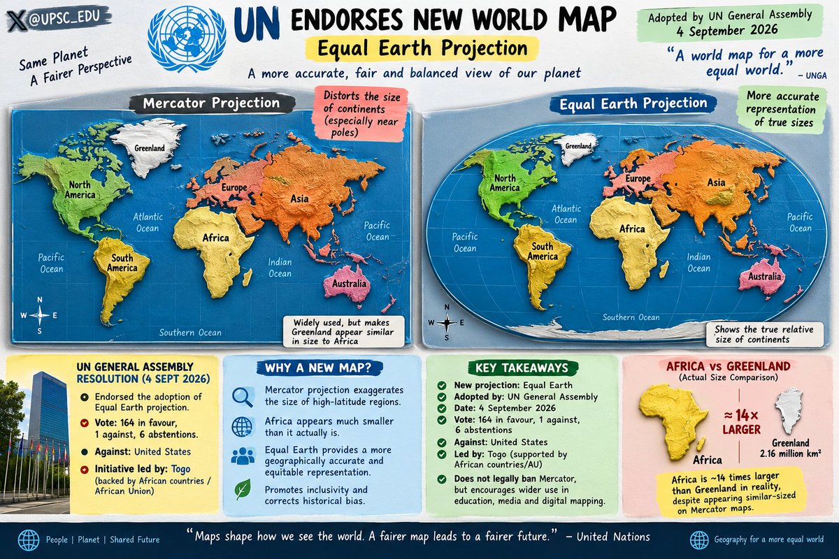 UPSC_EDU's tweet photo. UN &amp; the “New” World Map | Equal Earth Projection https://t.co/pUsZeg0YuC