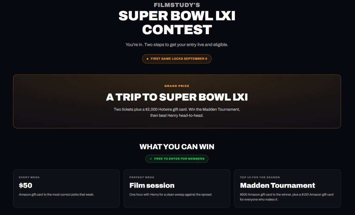 Henry773_'s tweet photo. 🏈 We're sending a FilmStudy member and a friend to the Super Bowl!

🎟️ 2 tickets + a $2,000 travel card
💵 Plus $50 every week of the season

How it works:
— Pick NFL games every week, all 18 weeks
— Most correct picks each week wins $50
— Perfect week ATS gets you an hour of coaching with me
— Top 16 for the season make a Madden tournament in January
— $100 to everyone in it, $500 to the winner
— 🏆 Winner plays me head-to-head for the Super Bowl trip

✅ Free to enter for members
⏰ First game locks Sept 9

More info below 👇
https://t.co/LX81yqdiI0
