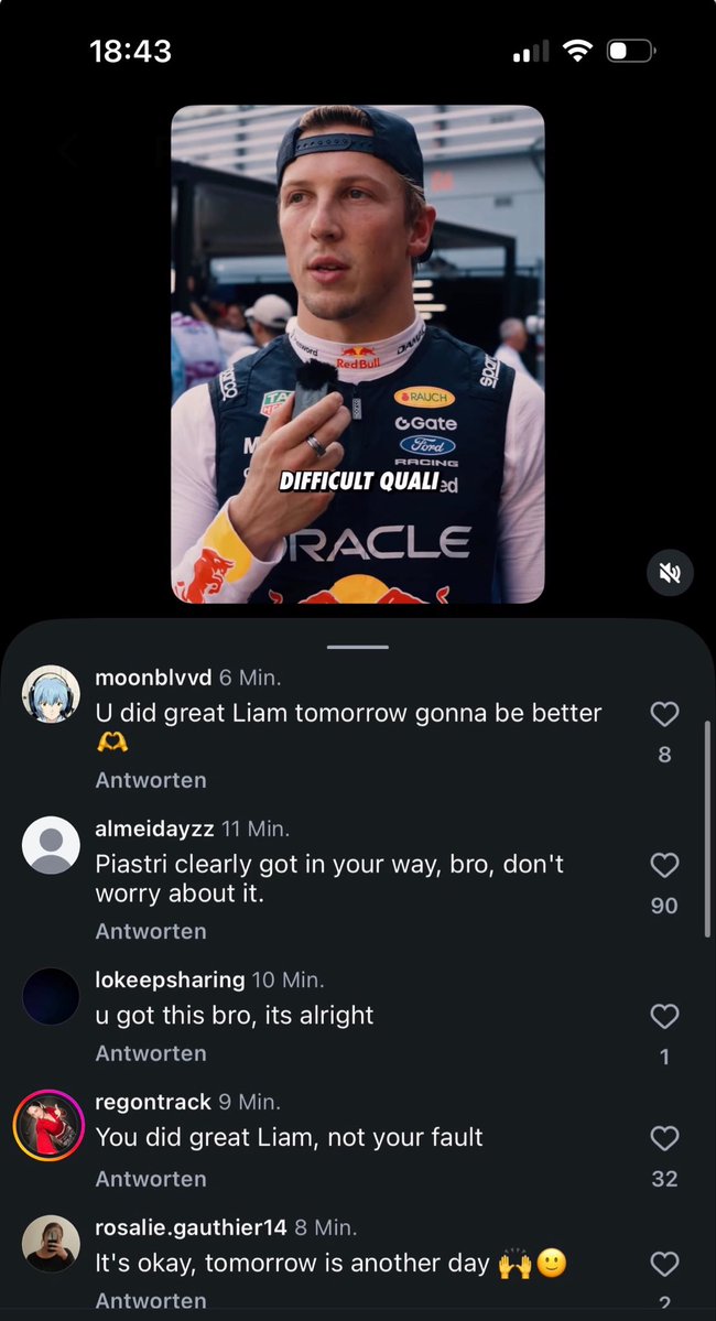 scuderialawblad's tweet photo. everyone is being so nice to liam 😭 https://t.co/t8Gmp8Syzo