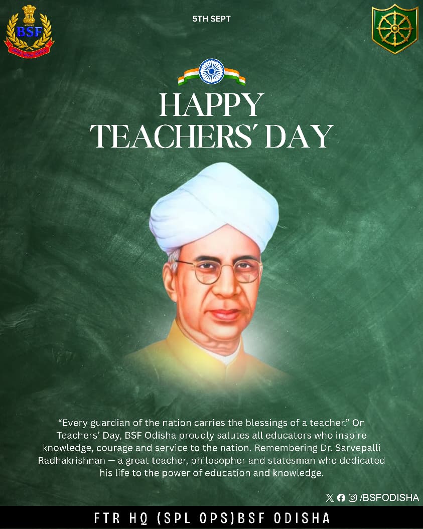 BSFODISHA's tweet photo. On this Teachers' Day, Ftr HQ (Spl Ops) #BSFOdisha salutes all Teachers - the true nation builders. You teach us to hold a pencil first, &amp; later, to hold the values of honesty,courage &amp; patriotism. From classrooms to border posts your lesson guide our every step
#BSF #TeachersDay https://t.co/gY2iJM87tk
