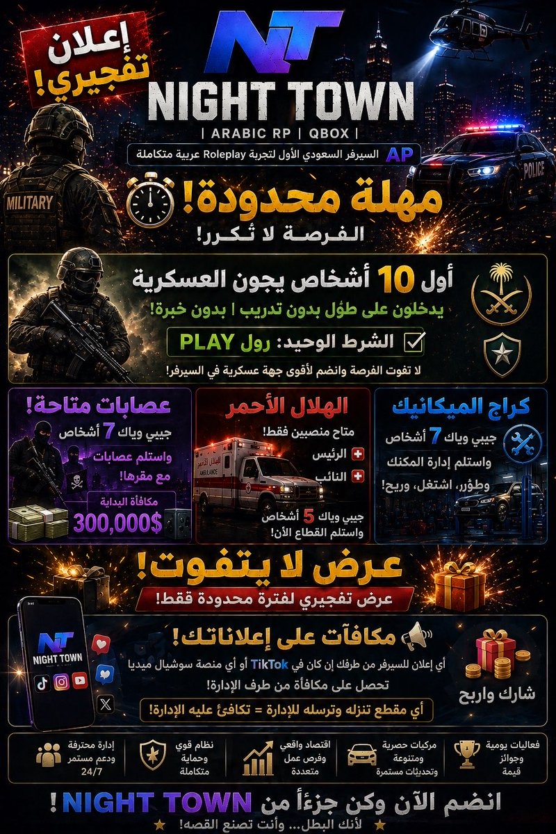 NightTownRP_'s tweet photo. انت و اخوياك تبون سيرفر تبنون قصتكم فيه ؟ 

1- الشرطه:
اول 10 أشخاص بدون تدريب و خبره، تاخذ منصب 👮‍♂️ 

2- الهلال الأحمر: 
مناصب ( رئيس-نائب) 🚨 

3- الميكانيك:
أدراي و مع الوقت تفتح كراجك الخاص 🧰 

4- عصابه :
لك مقرك بأقفال خاصه و ميزانيه +300K 🤯🔫 

باقي التفاصيل ⬇️ ⬇️ https://t.co/q7HVHG4QGj