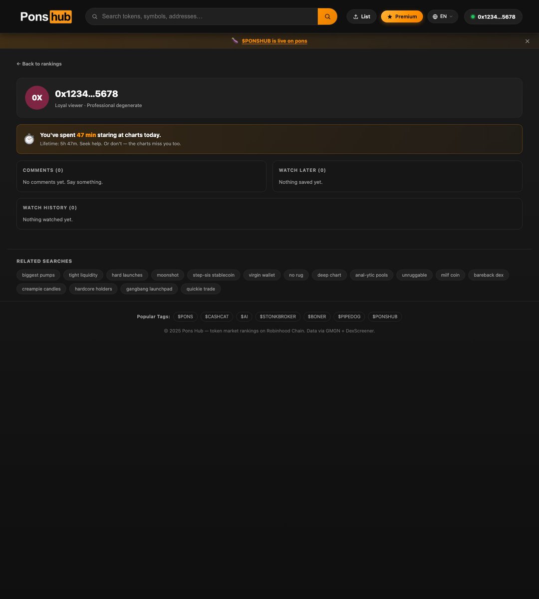 ponshub_xyz's tweet photo. ���️ WATCH TIME STATS HAVE ARRIVED ⏱️

Your profile page now shows how long you've been staring at charts:

"47 minutes today. 
Lifetime: 5h 47m.
Seek help. Or don't
the charts miss you too."

#PonsHub #DeFi #RobinhoodChain #CryptoMemes https://t.co/FWLU2MBWBm