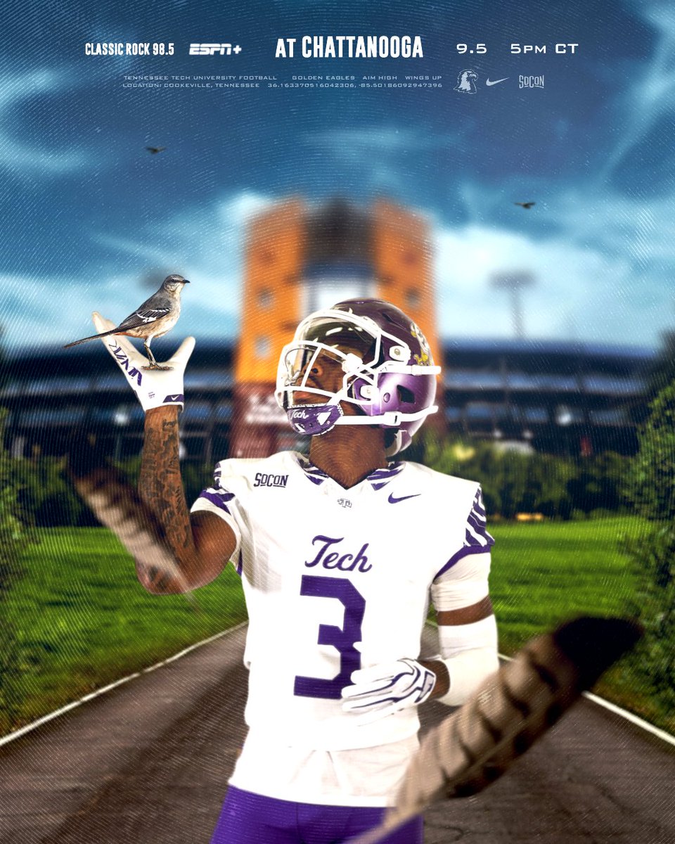 TNTechFootball's tweet photo. Time to soar in Chattanooga

📅 Sep. 5
⏰ 5 p.m. CT
📍Chattanooga, TN
🏟️ Finley Stadium
📺https://t.co/XAl7tR2mDS
📻https://t.co/P8lRWMg7wL
📊https://t.co/SosWYRz8wn

#AimHigher | #WingsUp https://t.co/p9DNieB4es