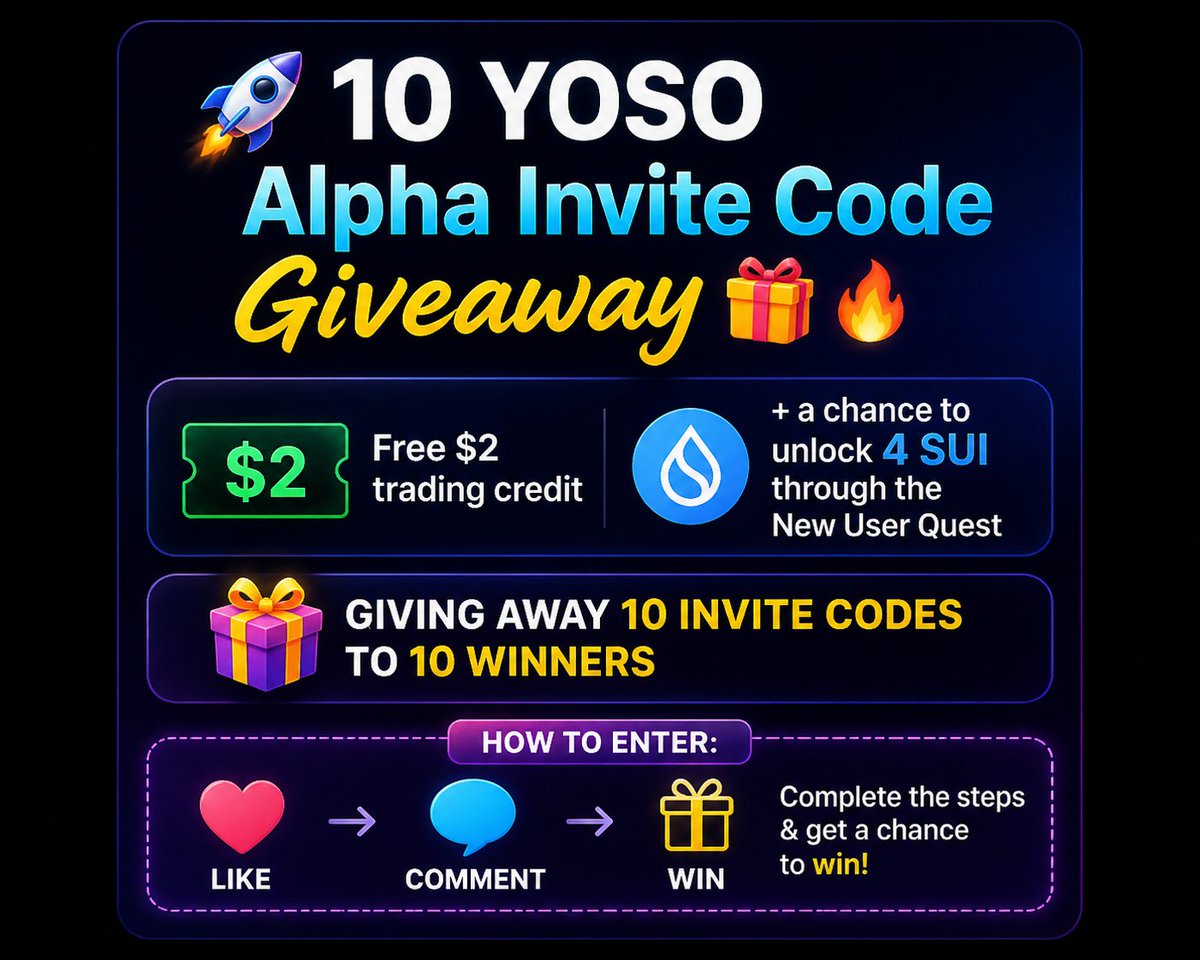 rahulcrl780's tweet photo. 🚀 10 YOSO Alpha Invite Code Giveaway 🎁🔥

Free $2 trading credit + a chance to unlock 4 SUI through the New User Quest👀
giving away 10 invite codes to 10 winners!

📌To enter the giveway :
✅ Follow @yososocial & @rahulcrl780
✅ Join our TG: https://t.co/215tPQ5zN4

❤️ Like +💬 Comment below that's It

🏆 Winners will be selected & codes distributed tomorrow!

Good luck everyone! 🚀💙

#YOSO #Giveaway #SUI