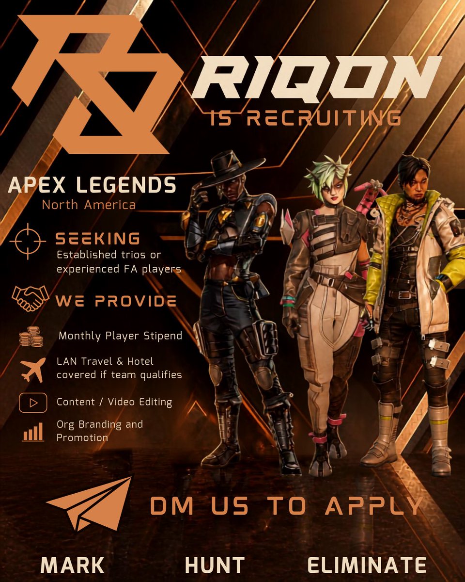 RIQONGaming's tweet photo. RIQON is recruiting for Apex Legends.

We’re looking for an established NA trio or experienced FAs with ALGS ambitions.

Monthly stipend. LAN travel + lodging covered upon qualification. Content/video support. Branding &amp; promotion.

DM us to apply.

#ALGS #ApexLegends #RIQON https://t.co/dqDZSOM8vL