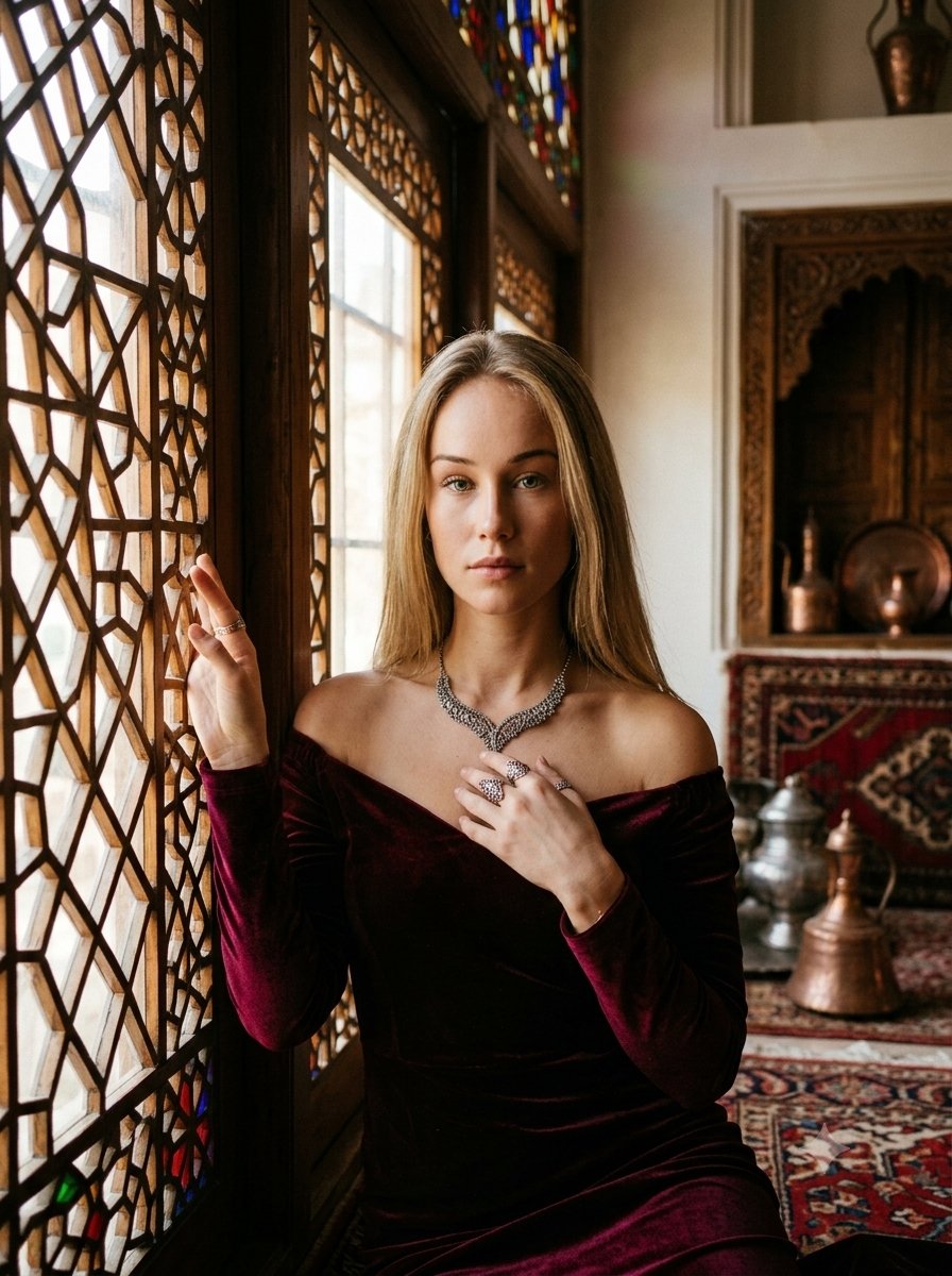 Milliekio's tweet photo. Prompt:

Create a 3:4 cinematic fine-art portrait using the uploaded woman as the exact identity reference. Preserve her facial structure, skin tone, eyes, nose, lips, jawline and age with maximum consistency; no face drift or beautification. Scene: elegant Persian-inspired historic interior beside a geometric wooden lattice window. She wears a deep burgundy velvet off-shoulder dress,