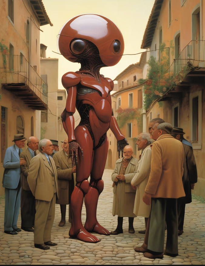 ivoDYOR's tweet photo. Very happy to welcome Crimson Android Visits Italian Village (2024) by @BottoDAO to my Constructing Reality collection.

A machine imagining a human encounter with a machine — a “synthetic history” of something that never happened.

Who — or what — constructs reality?

I’ve been looking for the right Botto for some time. This is the one. ❤️🤖