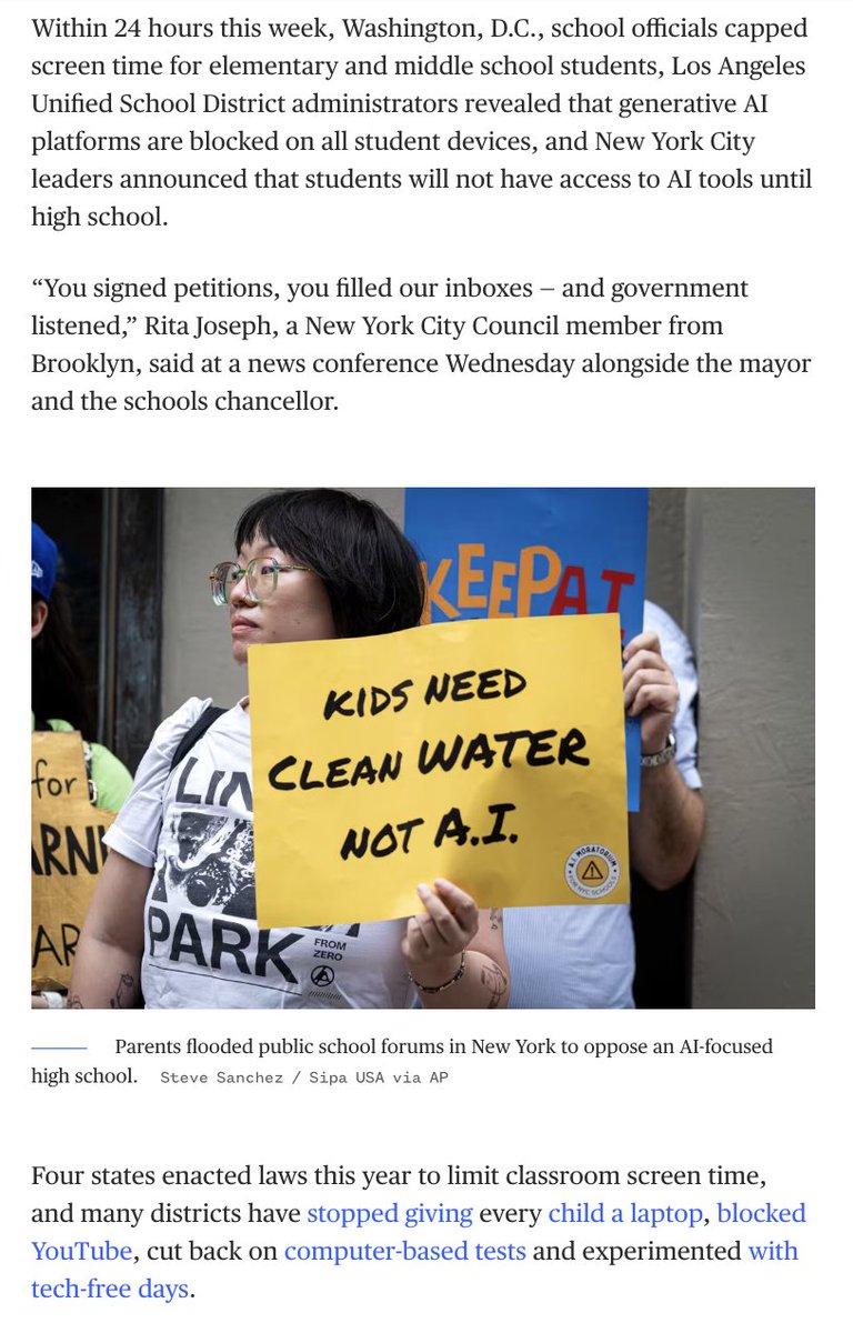 tylerkingkade's tweet photo. NEW: While everyone focused on NYC's ban on AI in schools, LA also quietly banned AI tools for all students, and DC public schools laid out new caps on screen time

It's all b/c parents organizing and pushing them to do it. And more cities are going to follow

My latest @NBCNews https://t.co/rK0LK3LheY