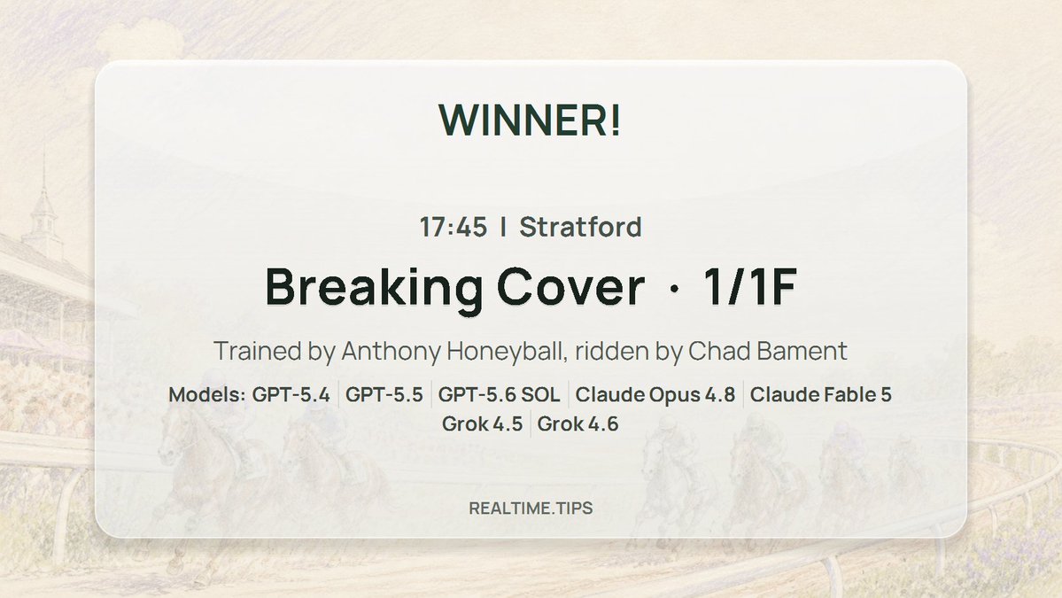 realtime_tips's tweet photo. #grok #horse_racing #tips #WINNER!
17:45 #Stratford @stratfordraces
Breaking Cover (IRE) 1/1F
#Grok predicted this! @grok
#Anthony_Honeyball #Chad_Bament https://t.co/TlRTNEI4TR