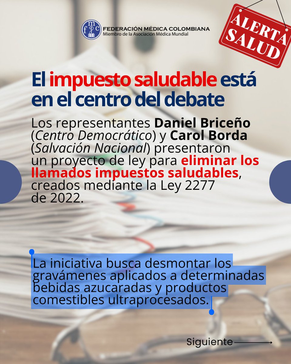 FedemedicaC's tweet photo. 🚨 ¿Eliminar los impuestos saludables?

En Colombia se debate una iniciativa que busca desmontar los impuestos establecidos para determinadas bebidas azucaradas y productos ultraprocesados. Pero la discusión va más allá de lo tributario: también es una discusión de salud pública. https://t.co/YUpJYEN54X