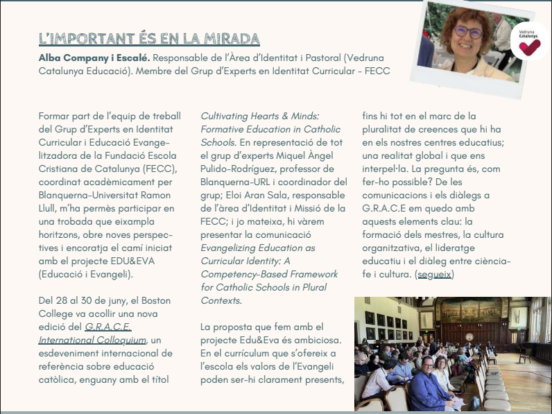 VedrunaCat's tweet photo. 📎 Formació de mestres, cultura organitzativa, lideratge educatiu i diàleg entre ciència, fe i cultura. Són els elements clau per una educació cristiana en entorns plurals. Llegiu Alba Company! #escolacompromesa https://t.co/94w71JpLuA