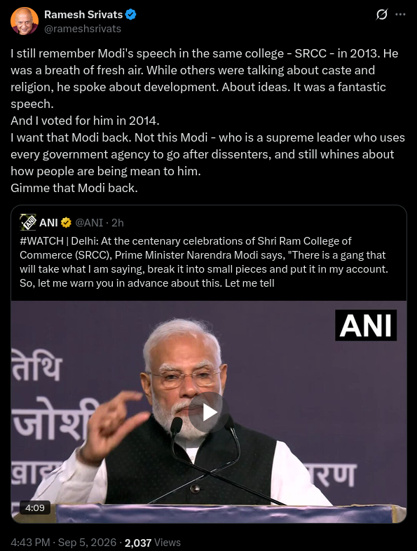 free_thinker's tweet photo. Hello @rameshsrivats, the latest news from India today is that a FIR has been filed against an elderly Muslim man for quietly, peacefully praying in an empty lot, and at the same time, a goon who boasted about cracking open a man's skull, who upholds Godse, who openly talks about beating up people, whose every word is laced with communal and casteist hate, is invited to PM's swearing in ceremony. This India has become thus because of people like you. Because people like you think that Modi who oversaw the 2002 riots of Gujarat, many fake encounters, rampant media censorship in Gujarat and cronyism with Adani and Ambani would bring about a different India. Modi of 2002, Modi of 2014 and Modi of 2026 are all the same.