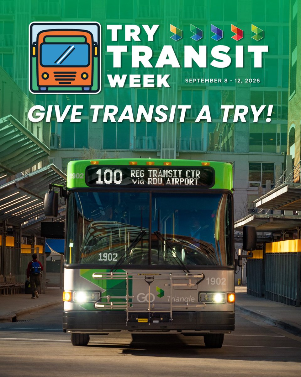 GoTriangle's tweet photo. Try Transit Week starts Tuesday! For one week, we’re challenging you to swap at least one drive for a transit trip and see what happens 🚌

💡Find trip-planning tools and everything you need to get started at https://t.co/HNJI4A665O https://t.co/9cvIOZalCq
