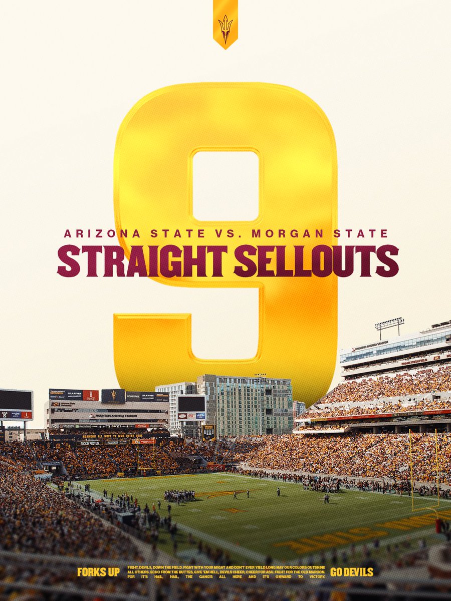 TheSunDevils's tweet photo. Mission Accomplished 🫡 Mountain America Stadium is officially sold out for a NINTH STRAIGHT GAME❗️

While no single-game tickets remain for the game, fans still interested in being part of the action can get tickets to upcoming games at Ticketmaster, the Official Ticket Marketplace of Sun Devil Athletics.
🎟️ https://t.co/v5fiJHwbBE