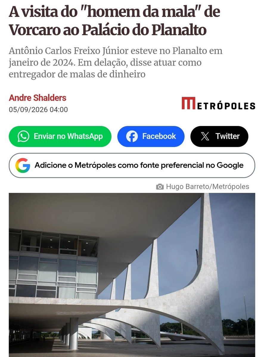 andreshalders's tweet photo. Antonio Carlos Freixo Jr, o "mineiro", está fazendo delacao premiada

Ele confessou ser o "homem da mala" de Vorcaro. Pegava a grana, botava em malas e entregava

Calcula ter entregue mais de R$ 1 bi em propina

Em janeiro de 2024, ele foi ao Palácio do Planalto fora da agenda https://t.co/aKUZVyhhXK