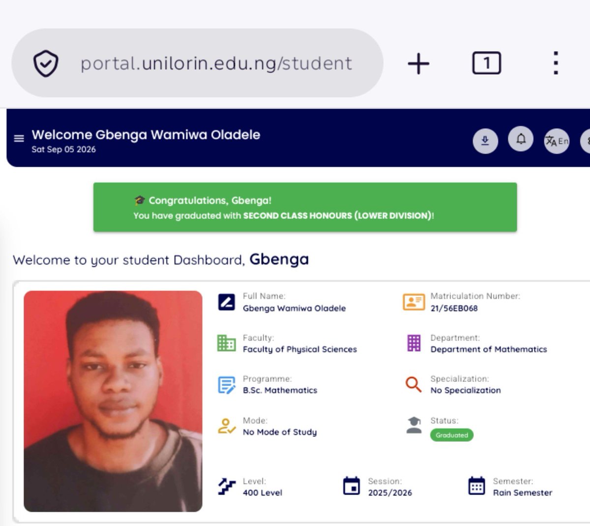 gbenga_oladele9's tweet photo. I DIDN'T WANT TO POST THIS IN THE FIRST PLACE, BECAUSE THE LEAST I WAS EXPECTING is Upper Division
Then I remembered (2017) when I was praying and asking God for Admission, but Admission was not forthcoming. and for 4 years, It was Days of Prayers and Tears, full of disappointments.
In these years, A lot happened and I still survived and God finally made the Admission come into reality.
The Admission that got me into Unilorin was my last hope. because, I was already giving up.
Four years in Unilorin wasn't all rosy for me.
But, I can now fully say that I'm a Graduate.
Unilorin, Thank you for having me.😊
It's not bye bye, but see you again. ( when i become a billionaire ).
P.s : I'm open for Internships and Job Opportunities. 🙏