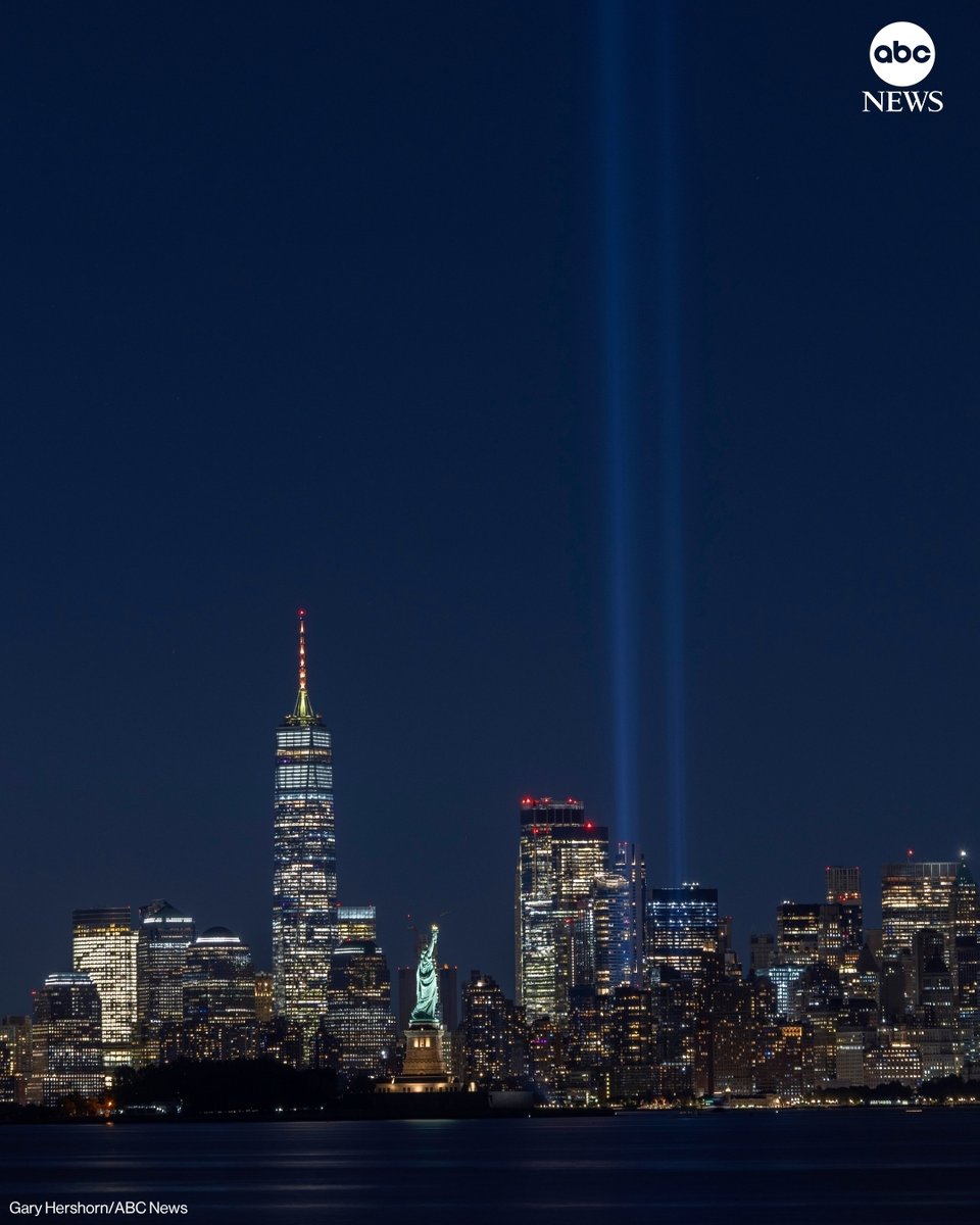 ABC's tweet photo. One week before the 25th anniversary of Sept. 11, the Tribute in Light is partially illuminated on Friday over New York City's Lower Manhattan, One World Trade Center and the Statue of Liberty. https://t.co/deOeGObtre https://t.co/kqRMyKnkMh