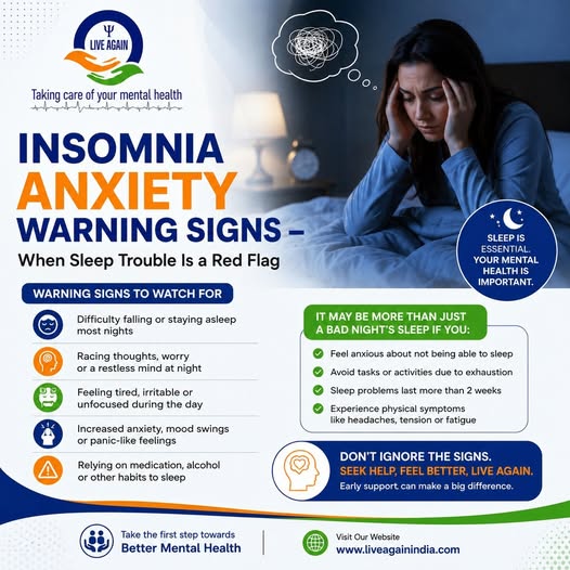 LiveAgainIndia1's tweet photo. 📷 Insomnia &amp; Anxiety: When Sleep Trouble Is a Red Flag
A restless mind and sleepless nights can affect your mental and emotional well-being. 📷 Don’t ignore the warning signs.
📷 Early support can make a big difference.
Seek Help. Feel Better. Live Again.
#Insomnia #Anxiety https://t.co/ofEXO987nO