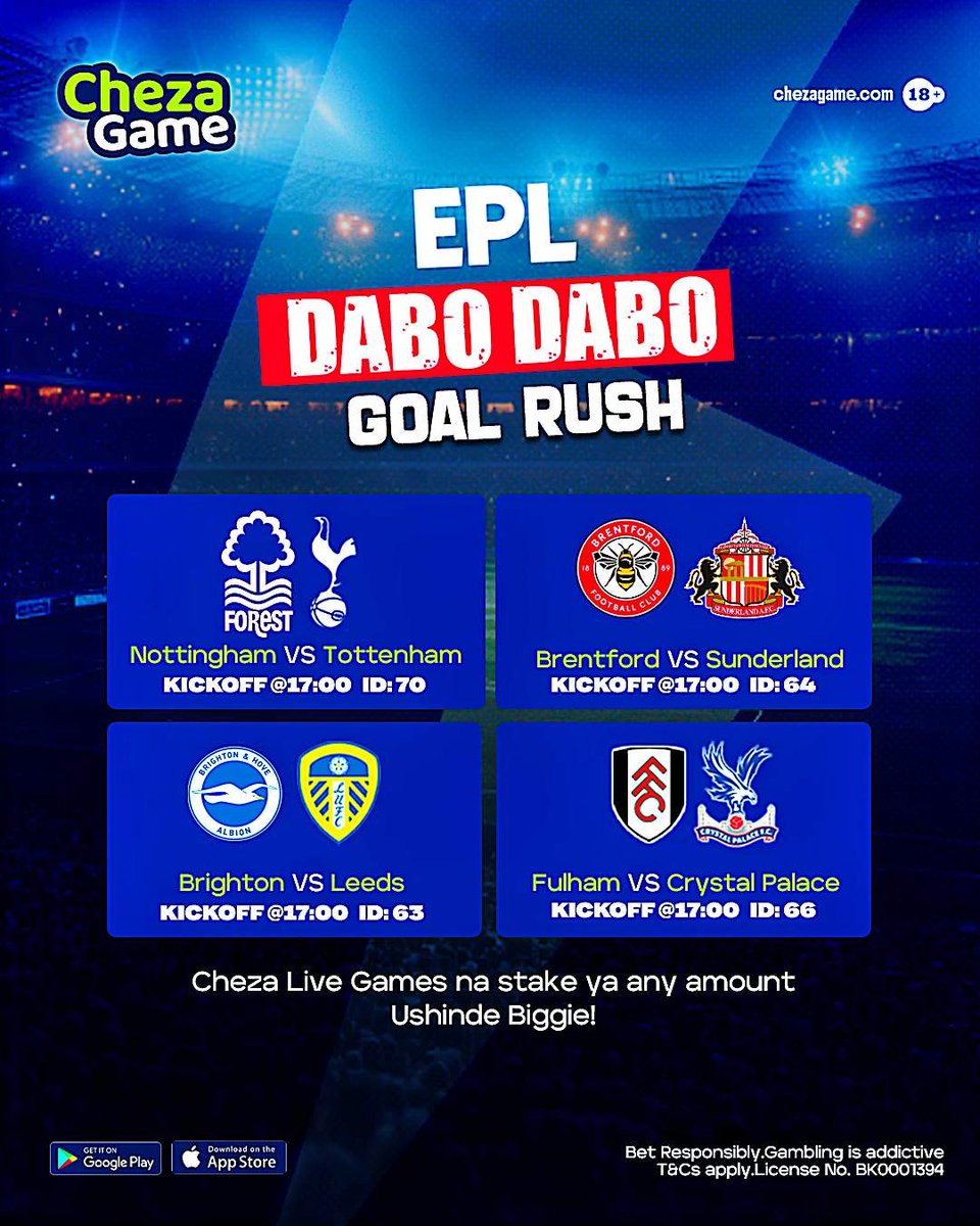 ChezaGameKE's tweet photo. 1 hour to Kick Off! Umejipanga vipi?

Kuna Live games with the best odds hapa https://t.co/tNSsQufWUS 

Changamkia games za goal rush na stake ya 100 bob ushinde 1000kes ya sare on top of your winnings 

Enjoy multibet boost na unaweza punguza moto ya kuchoma bet na cashout. https://t.co/yTvy4uwWIU