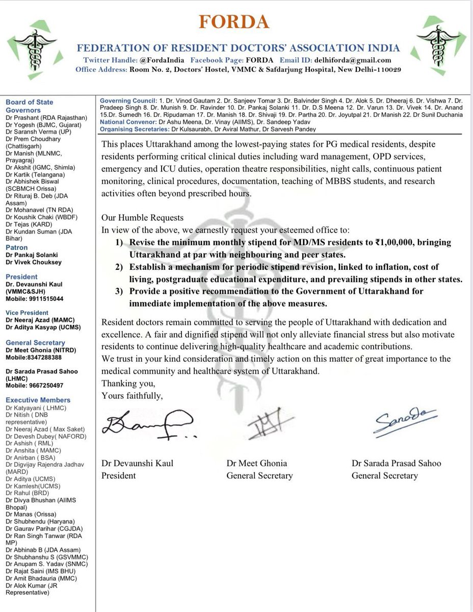 FordaIndia's tweet photo. FORDA urges Hon’ble CM @pushkardhami &amp; HM @SubodhUniyal1 to urgently revise the Stipend of MD/MS Resident Doctors.

Uttarakhand PG residents perform critical clinical, emergency, ICU, academic &amp; research duties, yet receive among the lowest stipends.

@ANI @PTI_News @ians_india https://t.co/ugwqeh8O58