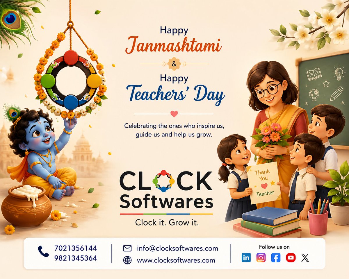 ClockSoftwares's tweet photo. ✨ Celebrating two beautiful occasions that remind us of the power of guidance, learning and inspiration. ✨

🪷 Happy Janmashtami — May Lord Krishna fill our lives with wisdom, joy and positivity.
📚 Happy Teachers’ Day — A heartfelt thank you to every teacher who inspires, https://t.co/83t0XXnkgI