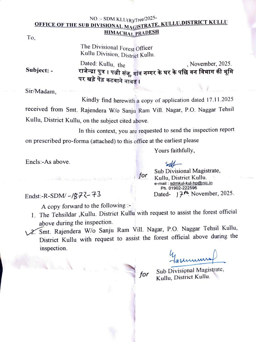 Netarprakash7's tweet photo. नग्गर में मकान पर 3 पेड़ खतरा हैं। SDM कुल्लू आदेश (R-SDM/-1872-73) के तहत प्रार्थी की उपस्थिति जरूरी थी, पर वन विभाग ने बिना बुलाए सिर्फ 1 पेड़ मार्क किया, 2 छोड़ दिए। 

अनहोनी पर जिम्मेदार कौन? पुनः संयुक्त निरीक्षण हो।

@DCKullu @CMOFFICEHP @hpforest
@hpgovt @ https://t.co/1IcQedcLor