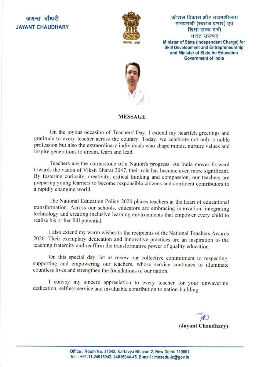 NVS_HQ's tweet photo. On the occasion of #TeachersDay2026 , Hon’ble MoS for Education, Shri @jayantrld , extends his heartfelt greetings and appreciation to teachers for their dedication and invaluable contribution towards the nation.

#NVS https://t.co/9fugq4UmGa