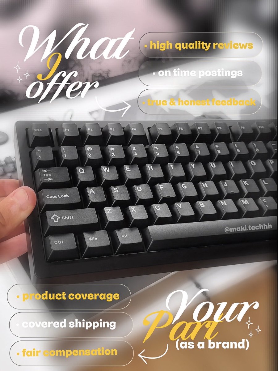 maki_techhh's tweet photo. Want to showcase your tech products to setup enthusiasts? Let's work together!

📱 TikTok/Insta: maki.techhh
📧 sponsormaki@gmail.com

🕹️ Keyboards &amp; Mice &amp; Mousepads | 🖥️ Monitors &amp; Desks | ⚙️ PC Parts &amp; Gadgets

DM or email me for my media kit and rates! https://t.co/LBMLaeQyOP