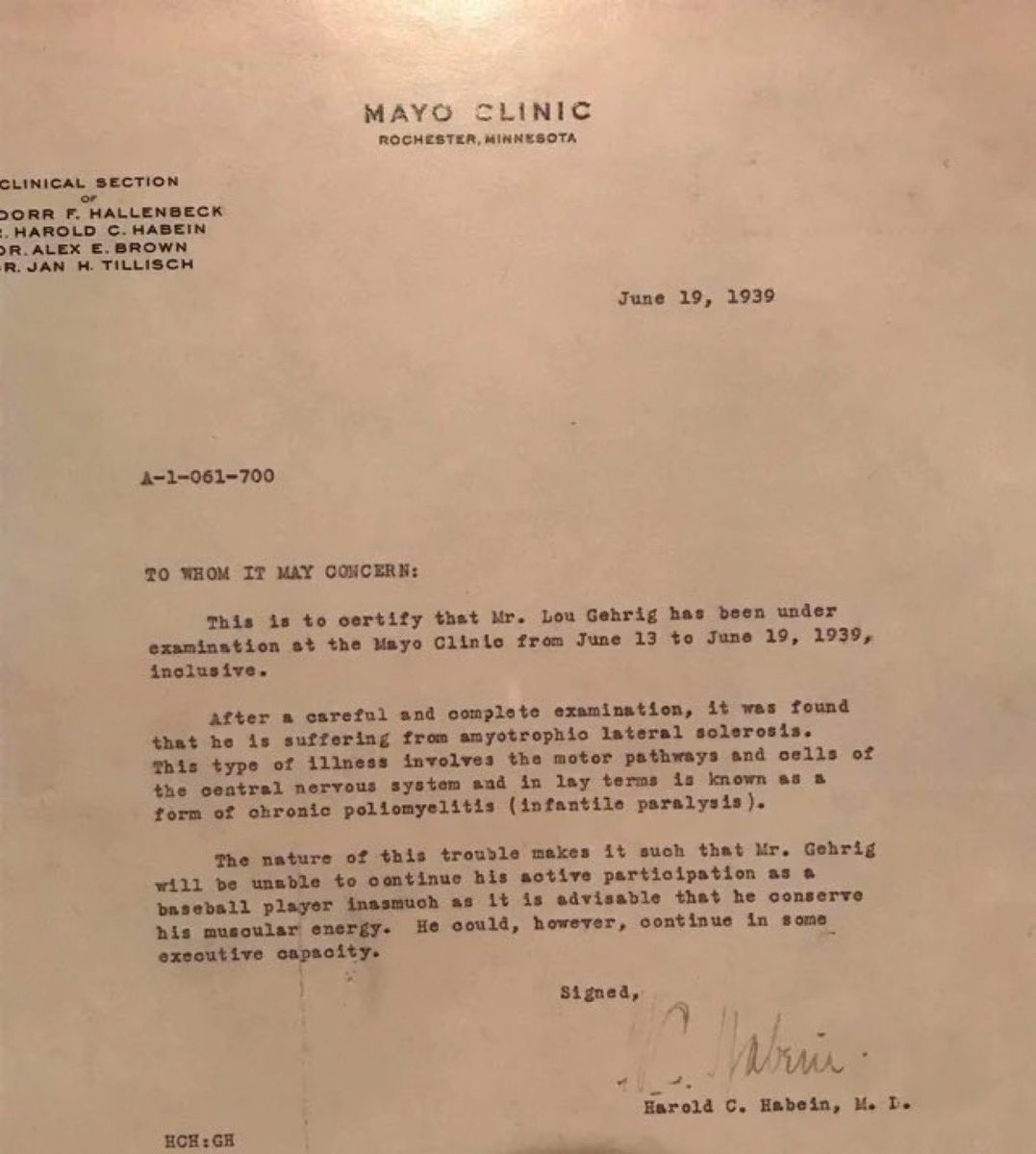 nut_history's tweet photo. The letter the Dr sent the Yankees to confirm Lou Gehrig indeed have ALS. https://t.co/Eo0vXBIY33