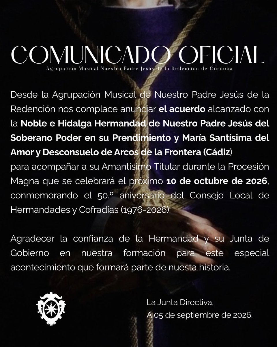 RedencionCordob's tweet photo. ➖ 𝟏𝟎 𝐝𝐞 𝐨𝐜𝐭𝐮𝐛𝐫𝐞 𝐝𝐞 𝟐𝟎𝟐𝟔 ➖

Tenemos el orgullo de anunciar nuestra participaci��n en la 𝐏𝐑𝐎𝐂𝐄𝐒𝐈𝐎𝐍 𝐌𝐀𝐆𝐍𝐀 𝐃𝐄 𝐀𝐑𝐂𝐎𝐒 𝐃𝐄 𝐋𝐀 𝐅𝐑𝐎𝐍𝐓𝐄𝐑𝐀 acompañando musicalmente a la 𝑁𝑜𝑏𝑙𝑒 𝑒 𝐻𝑖𝑑𝑎𝑙𝑔𝑎 𝐻𝑒𝑟𝑚𝑎𝑛𝑑𝑎𝑑 @PrendiArcos https://t.co/Z3Z0Nb0T6j