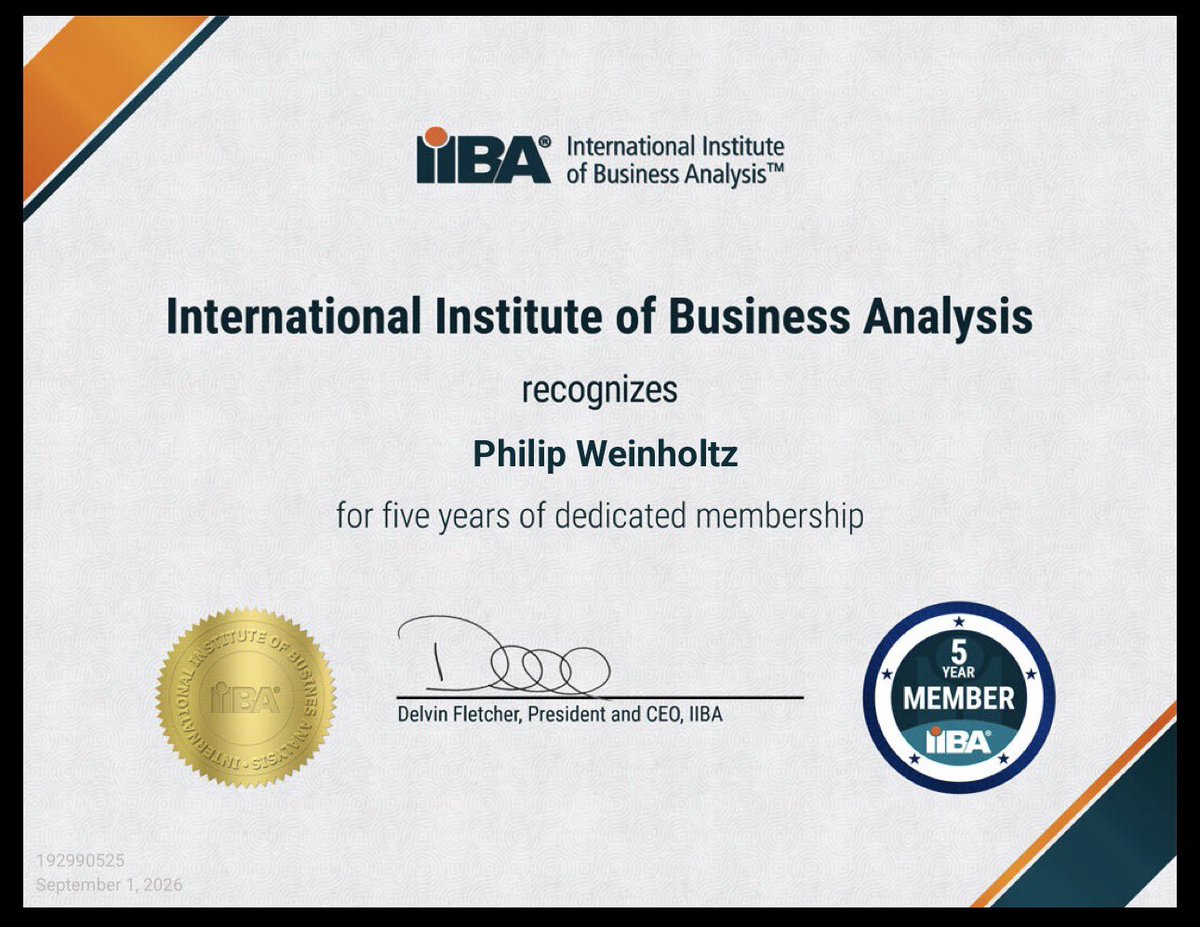 fullmservices's tweet photo. https://t.co/HmuX4DeGoc

Proud to celebrate 5 years as a member of IIBA, continuing to grow at the intersection of business analysis, enterprise architecture, and digital transformation.

A credential commemorating 5 years of IIBA membership is a significant achievement, reflecting a deep commitment to the global business analysis community, the profession, and the continuous pursuit of achieving better enterprise outcomes. 

Skills / Knowledge: #Commitment #Criticalthinking #ChangeAgent #BusinessAnalysis #Professionalism #Advocate #Category