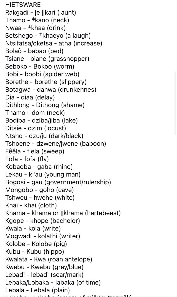 _KayTheLame_'s tweet photo. Batswana (people of the Salt pans)

Some Setswana words shared with "Khoisan" languages https://t.co/8ld2HfWktY