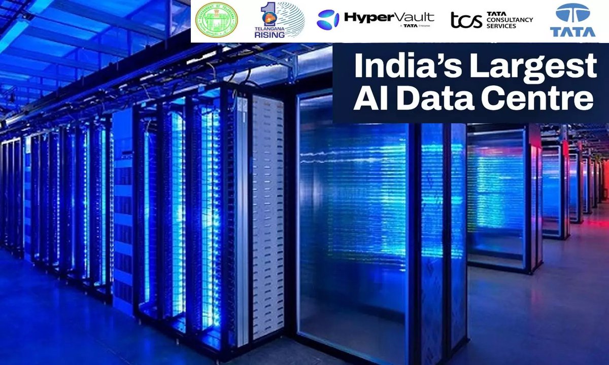 TheBriefRoom1's tweet photo. Biggest positive news from TCS 🔥🔥🔥🔥

TCS is entering aggressively into AI & data centres 🚀

TCS arm HyperVault plans to establish a large-scale AI data-centre campus in Telangana with partners, investing up to ₹70,000 crore across 264 acres.

⚡ Up to 1 GW capacity
👷 7,000 direct & indirect jobs
Hyderabad is positioning itself as a major hub for India’s AI infrastructure. 🇮🇳

https://t.co/OBTILLqdW4